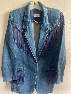 David David Blue Denim Fringe Jacket with Stud Accents